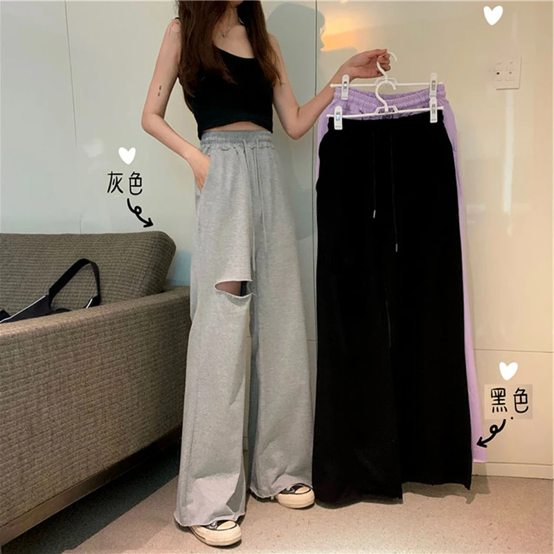 

Baggy Wide Leg Pants Women Casual Streetwear Loose Outfits Hole High Waisted Hip Hop Summer Jogger Pockets Sweatpants