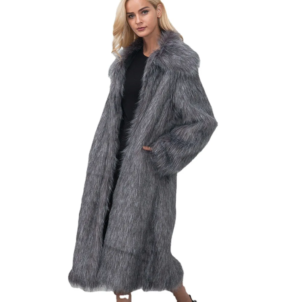 Fashion Square Collar Long Fur-like Women's Coat Women's Autumn and Winter New Long Coat Coat Women