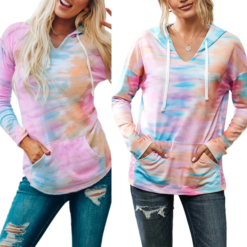 

Women Colorful Tie-Dye Sweatshirt Long Sleeve V-Neck Drawstring Loose Hoodies J78E
