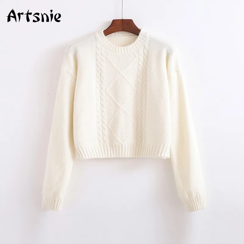 

Artsnie Autumn 2021 White Knitted Sweater Women O Neck Long Sleeve Slim Pull Femme Casual Vintage Ladies Cropped Sweaters Female
