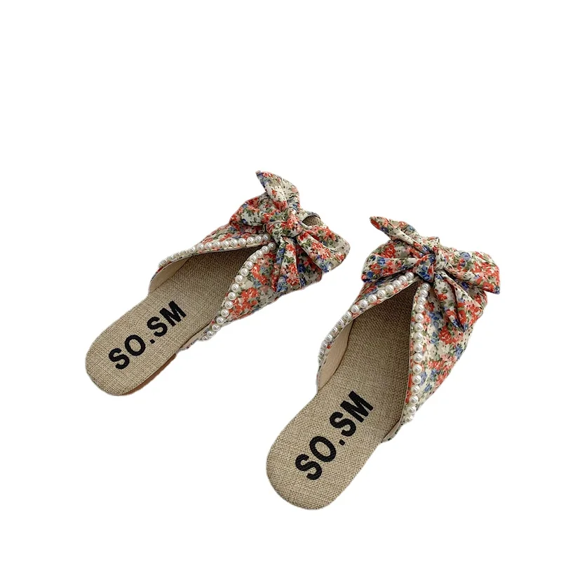 

2021 New Summer Fashion Women Slippers Small Fresh Pearl Floral Bow Low Heel Half Slippers Female Soft Bottom Non Slip Slippers