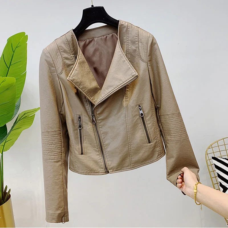 

Spring New Women Black O neck Faux Leather Outerwear Casual Korean Slim Short Long Sleeve Motorcycle Biker Leather Jacket Female