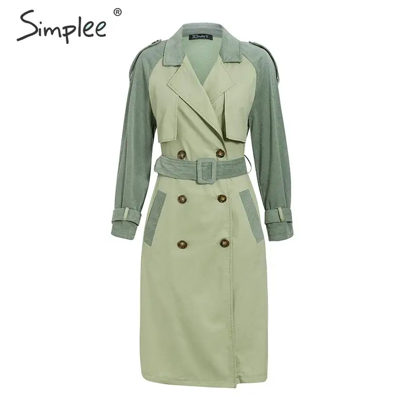 Simplee Elegant patchwork women trench coat Sash belt corduroy cotton female trenches Buttons pocket autumn winter long overcoat | Женская