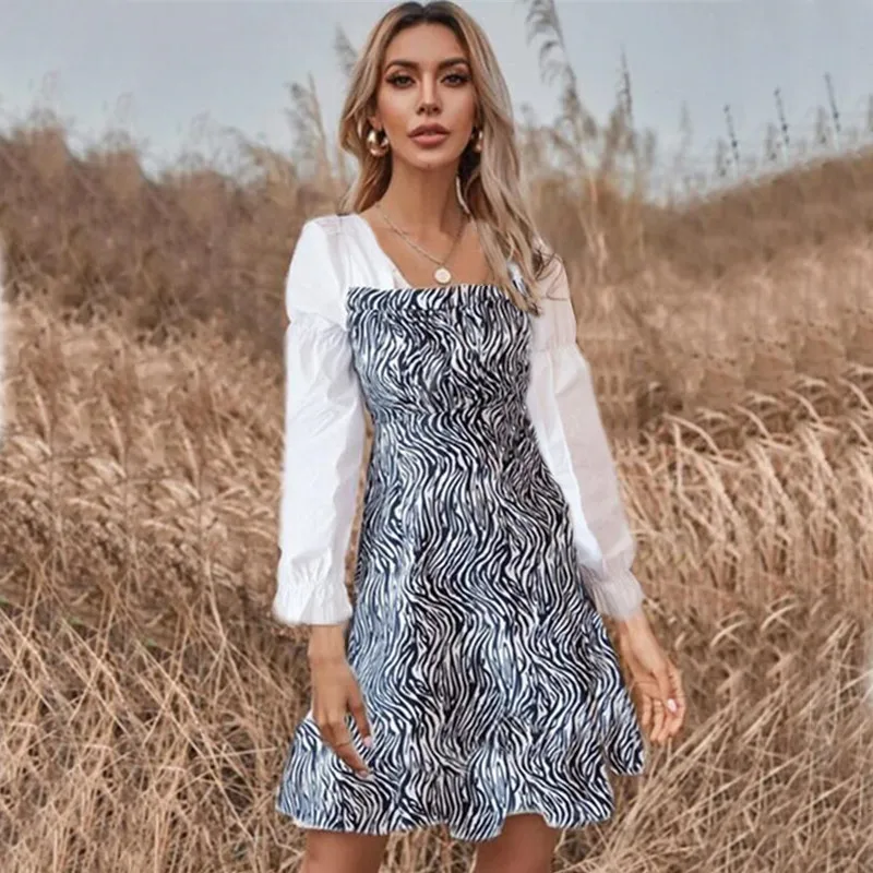 

Women Ladies Dress Puff Sleeve Square Collar Leopard Dresses Casual Mini Party Dress