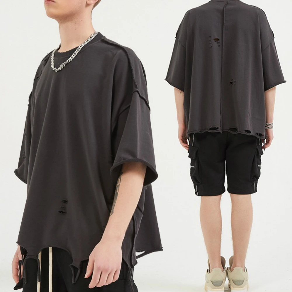 

Oversize Inside Out Terry Cotton T-Shirt Kanye West Distressed Short Sleeve Raglan Tee