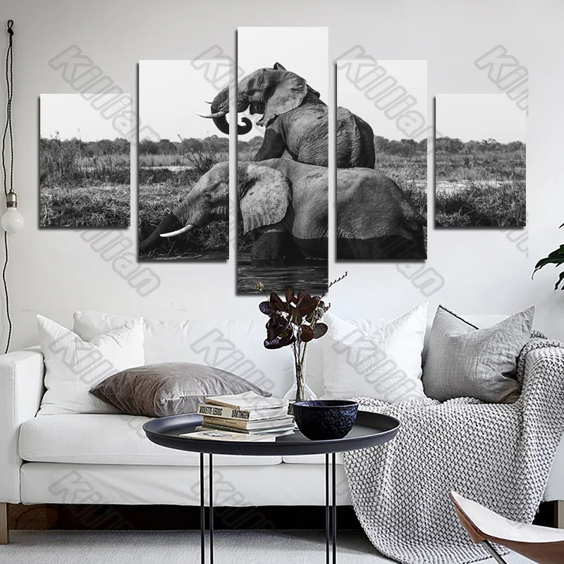 

Nostalgia Style Mural Canvas Paintings Modular Bed Home Decor Prints 5 Pieces Elephant Lake Decoration Living Room Wall Fresco