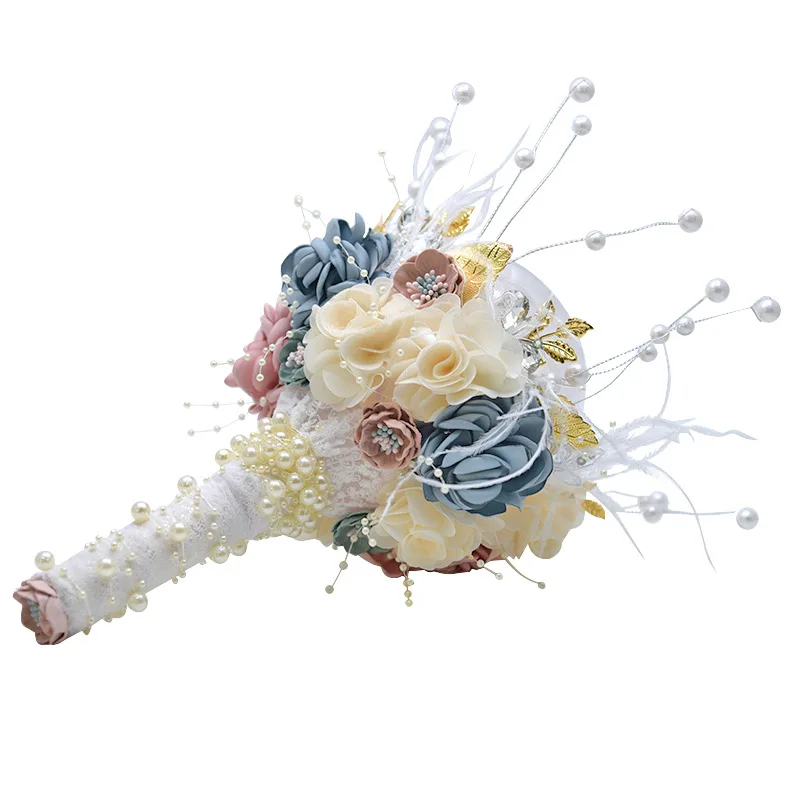 Kyunovia Dried Hydrangea Flower InTransparent Balls Pearl Bouquet Golden Leaf Bride Wedding Bouquet ramos gold de damas BY46