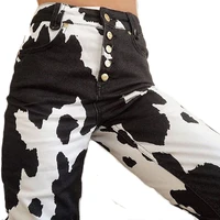 new women cows printed pants botton up skinny cropped trousers causal high waist high streetwear boyfriend ankle length pants