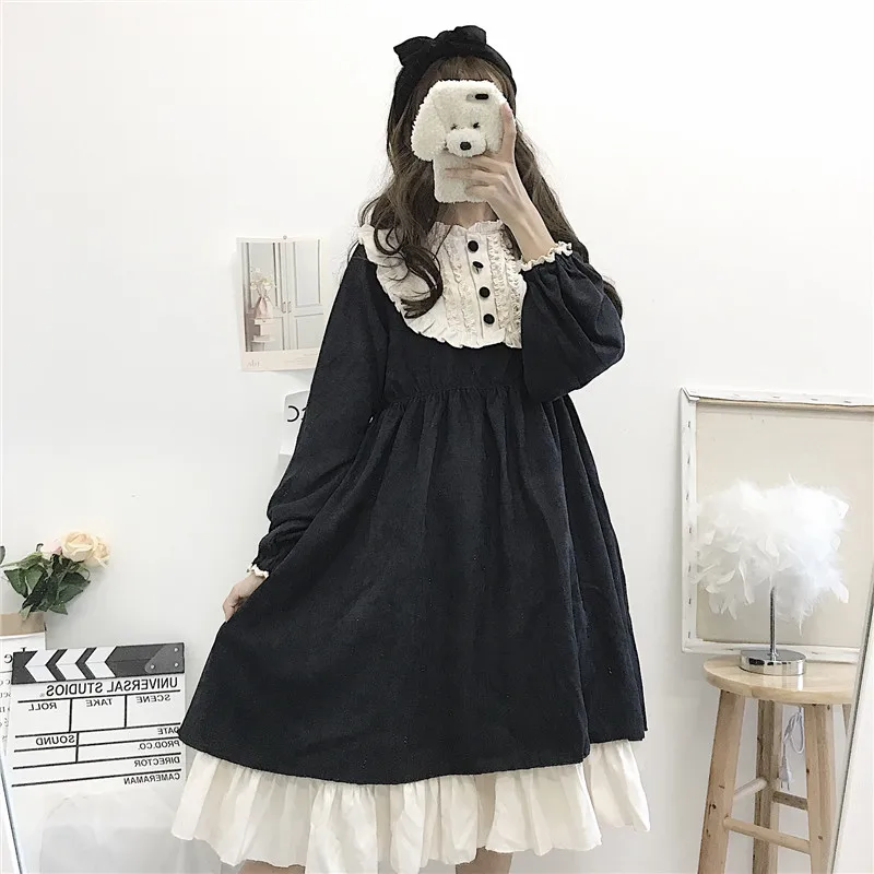 2020 Japanese Lolita Style Autumn Winter Women Dress Ruffled Collar Black Gothic Dress Cute Kawaii Ruffles Cosplay Dress With