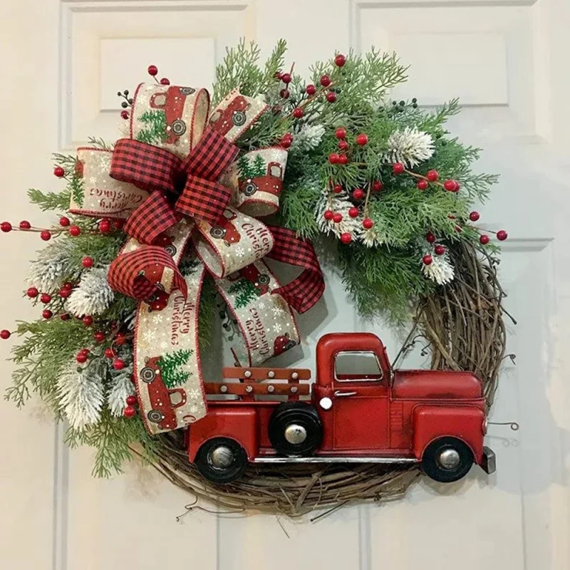

Красный Рождественский венок с грузовиком, подвесные искусственные гирлянды для входной двери, фермерские вишни с лентой, подвесной Рождественский венок