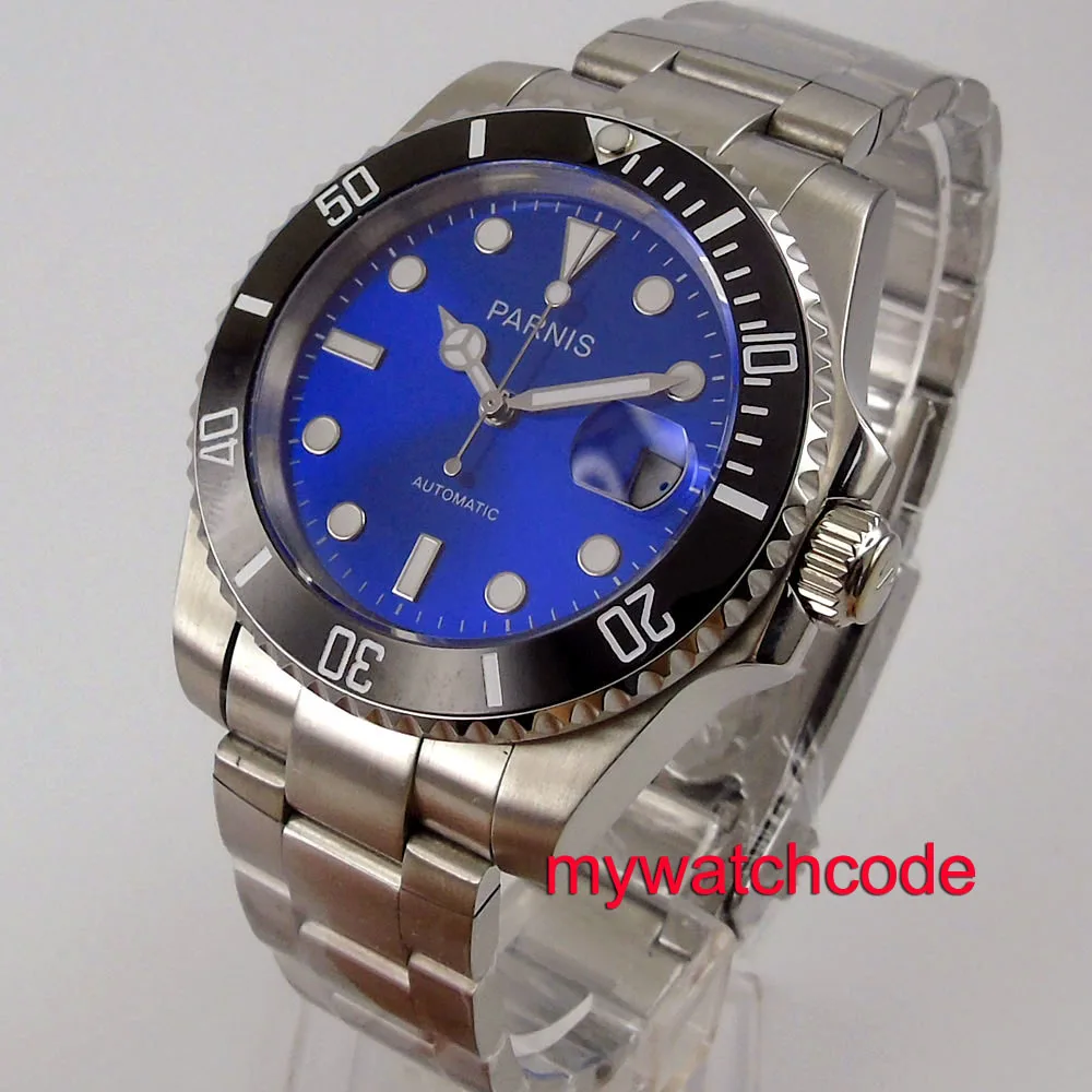 

40mm PARNIS Blue Dial Black Bezel 316L Stainless Steel Band Automatic Movement Men's Watch Relogio Masculino Date Solid Back