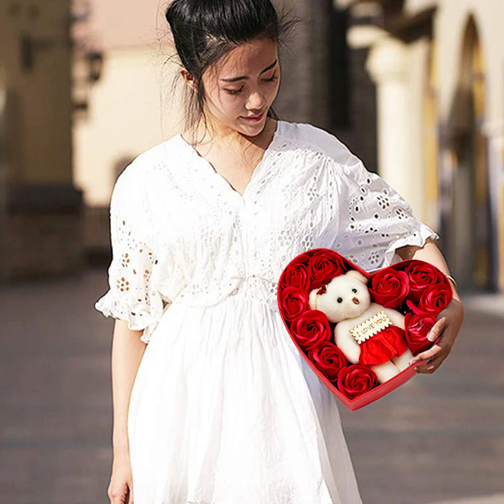 

Rose Bear Gift Valentine'S Day Love Heart Shaped Gift Box Exquisite Bath Soap Flower Decoration 10 Scented Case Pink For Lovers