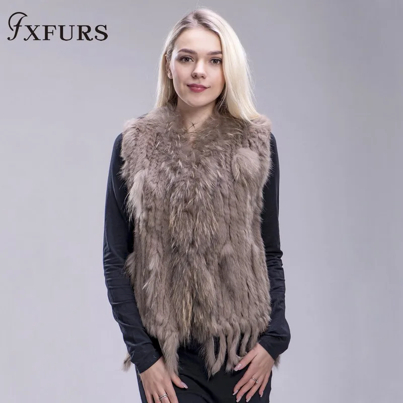 FXFURS из натурального кроличьего меха; вязаная жилетка; куртка из искусственного меха, красочные кролика, енота меховая вязаная жилетка 16 Цвета - Цвет: khaki