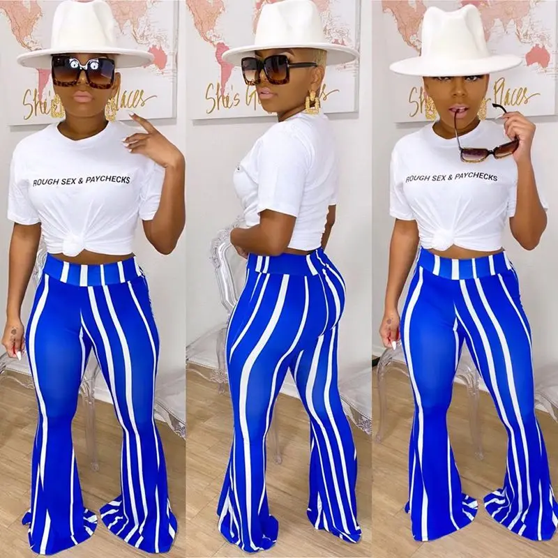 

ZKYZWX Casual Striped High Waist Flare Pants Women Joggers Elastic Bottoms Leggings Bodycon Bell Bottom Trouser Stretch Pant