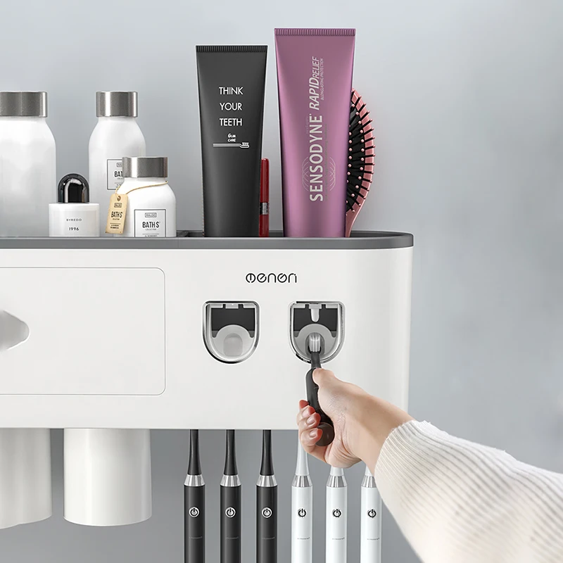 

Wall-mounted Toothbrush Holder With 2 Toothpaste Dispenser Punch-free Bathroom Storage For Home Waterproof Bathroom Accessories