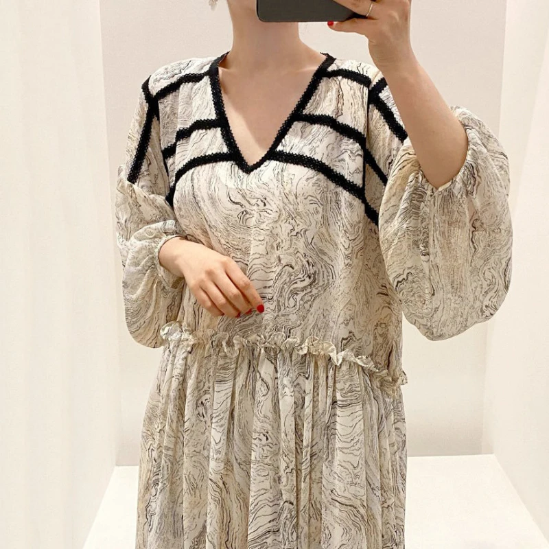 SHENGPALAE 2022 New Spring Women Vintage Loose High Waist Slim Was Thin Elegant Lantern Sleeve Hit Color Maxi Dress | Женская одежда
