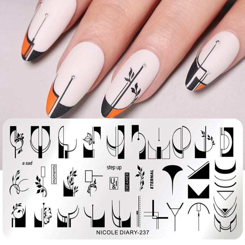 

NICOLE DIARY French Line Flower Nail Stamping Plates Geometric Leaf Nail Art Stamp Stencil People Image DIY Nail Printing Molds