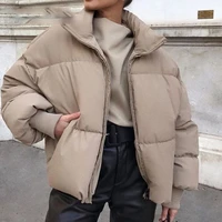 fashion stand collar parkas women thick warm winter bubble coats female khaki jackets pockets zipper simple overcoats