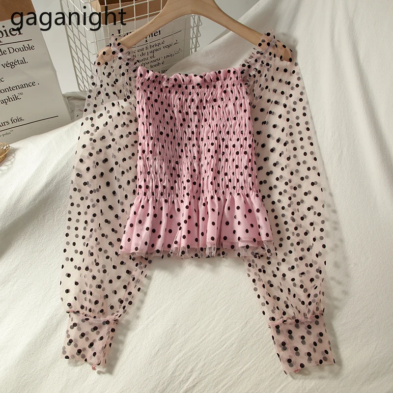 Gaganight пикантная женская блузка в горошек с длинным рукавом Укороченная рубашка