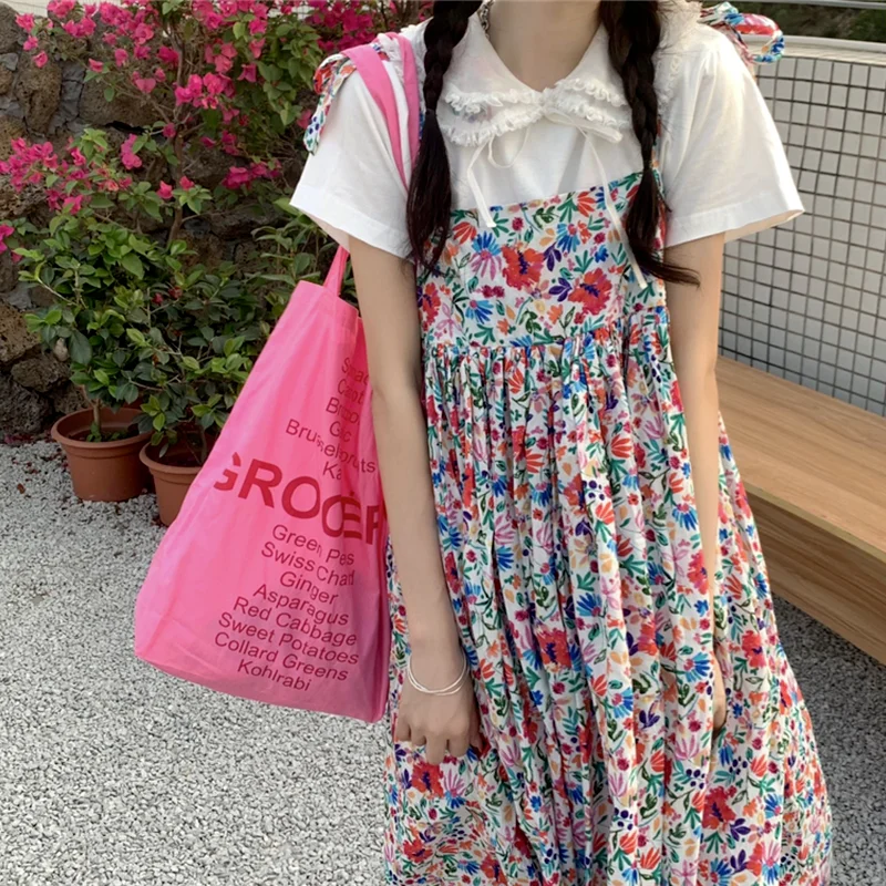 

Korejepo Women 2 Piece Set 2021 Summer New Sweet Retro Temperament Floral Sleeveless Mid-length Suspender Dress White Shirt Tops