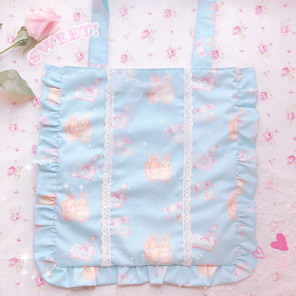 

Japanese Style Cute Rabbit Lace Shoulder Bags And Purse Women's Kawaii Large Capacity Ruffles Shopping Tote Handbags