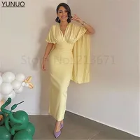 YUNUO Simple Lemon Yellow Silk Satin Evening Prom Dresses With Cape Sleeves V Neck Dubai Formal Party Gowns فساتين السهرة