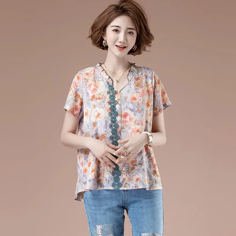 

Women Summer Chiffon Casual Blouses New 2021 Vintage Style V-neck Floral Print Loose Female Short Sleeve Tops B218
