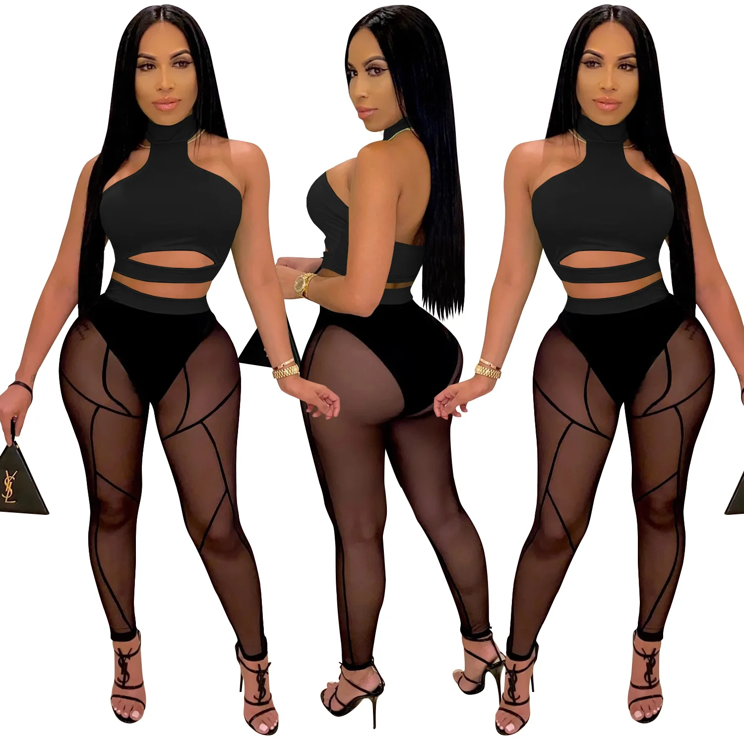 

Two Piece Set Women Sexy Halter Neck Crop Top and Mesh Pants Neon Clothes Female Open Shoulder Backless Top Slim Trousers