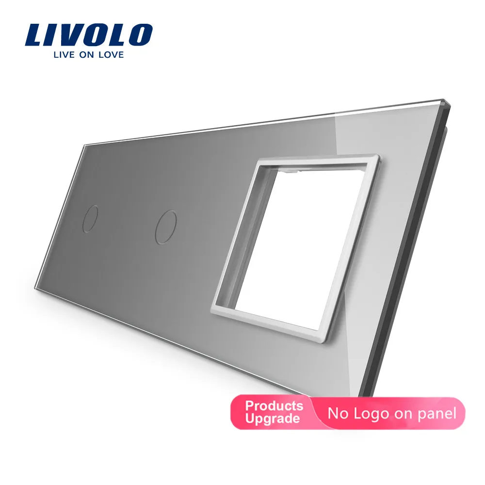Grey-No logo Livolo белое жемчужное Хрустальное стекло, 222 мм* 80 мм, стандарт ЕС, 2 комплекта и 1 Рамка стеклянная панель, C7-C1/C1/SR-11(4 цвета), только панель, без логотипа - Цвет: Grey-No logo