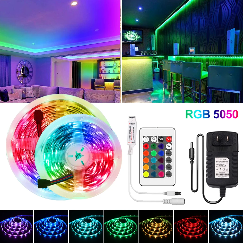 

LED Strip Light RGB 5050 Flexible Ribbon DC12V led strip 5M 10M 15M 20M No Waterproof Tape Diode with Remote Controll+Adapter