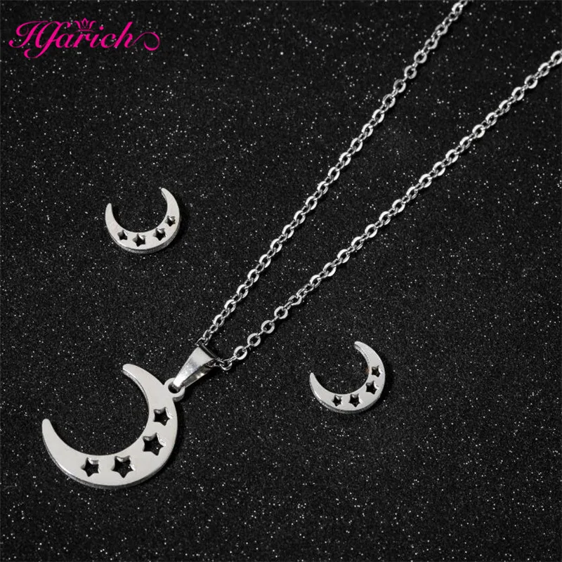 Trendy Stainless Steel Moon Star Necklace Earrings Set For Women Gold Silver Color Jewelry Korean Wedding Fashion Jewelry Gifts