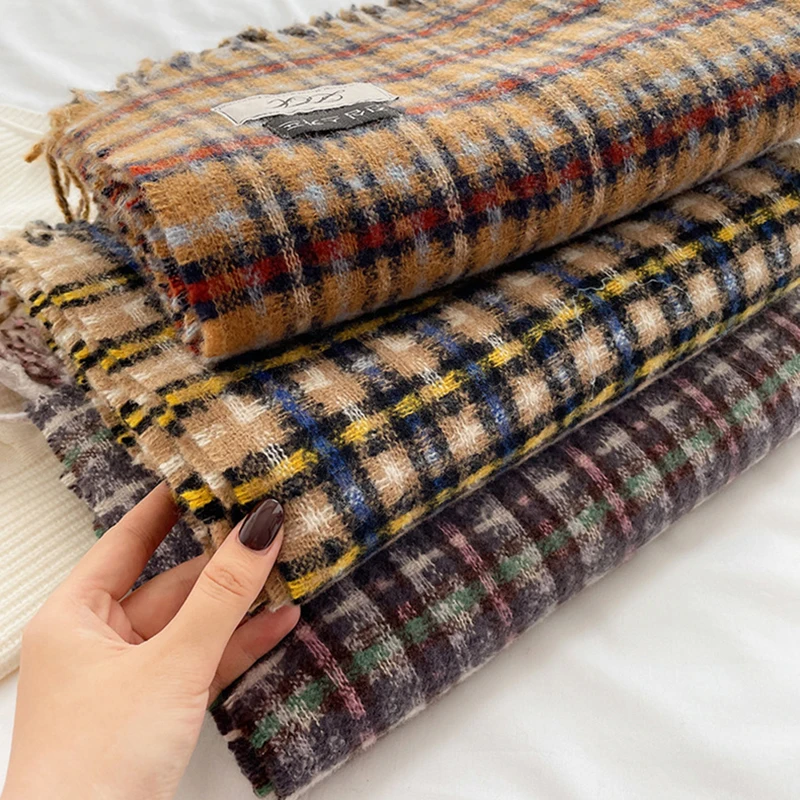 

Новый шарф для женщин, зимние толстые теплые вязаные шарфы для женщин женские туфли бежевого и коричневого цвета из клетчатой материи С дли...