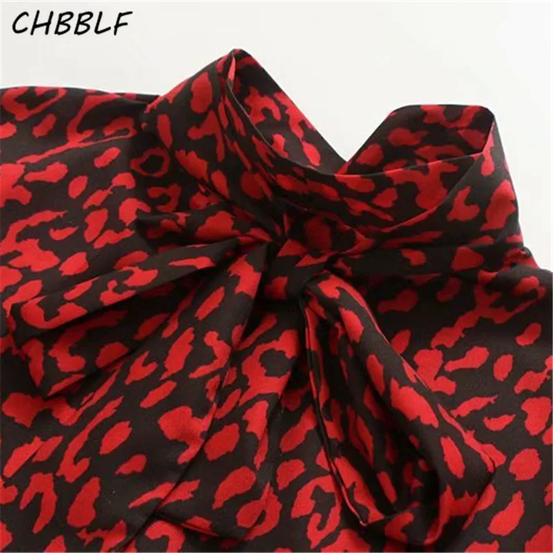 CHBBLF Женская стильная красная леопардовая блузка с галстуком-бабочкой и длинным