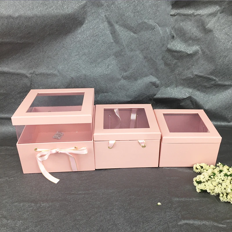 pink square Креативная круглая квадратная полупрозрачная ПВХ Цветочная коробка, подарок на день рождения, украшение дома, упаковка, букет цветов, коробки - Цвет: pink square