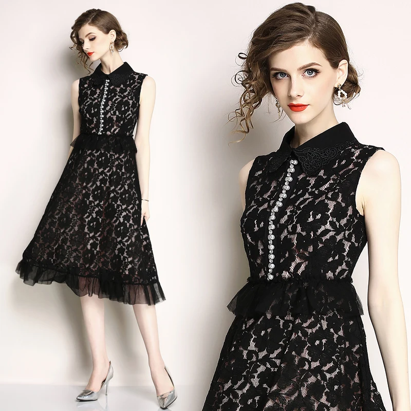 

2021 new female slim sleeveless vest dress lace A-line skirt Hepburn little black skirt dress women