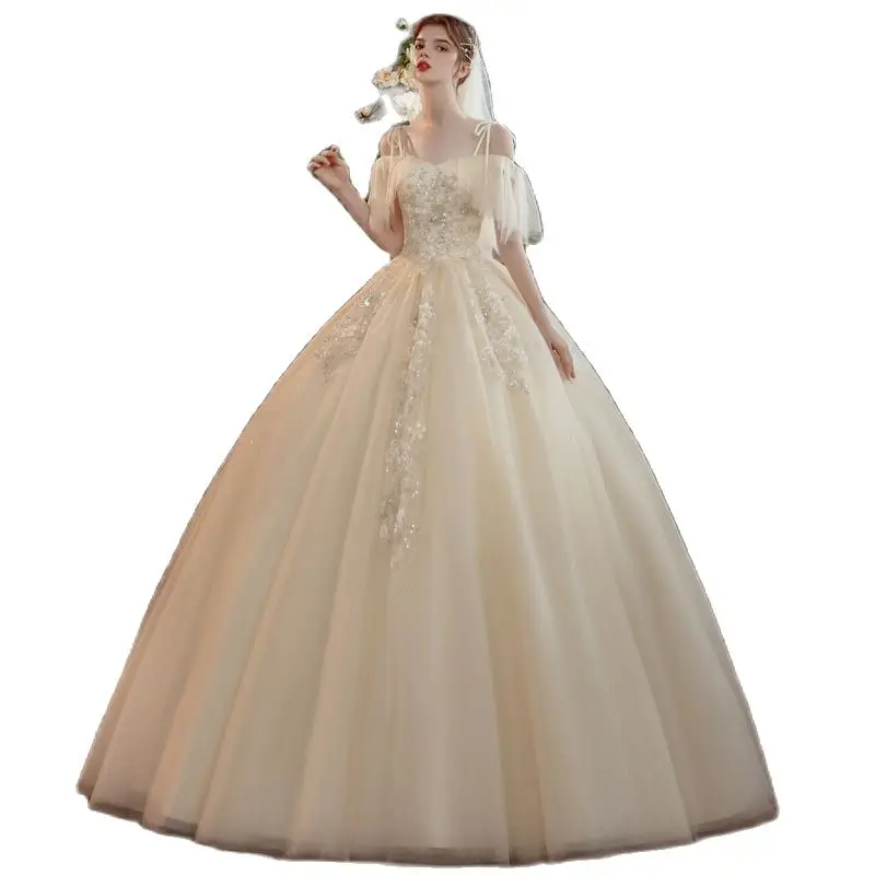 

Простое свадебное платье цвета шампанского с одним плечом, легкое свадебное платье, новинка для невесты, романтичное свадебное платье со шл...