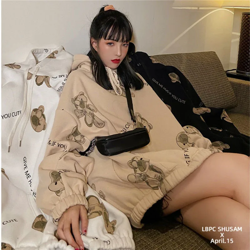 

Autumn Fashion Bear Print Harajuku Hoodies Women Sweatshirt Coat Loose Japan Pullover Clothes Tops Harajuku Punk Hoodie Women
