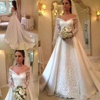princess a line wedding dress for bride long sleeves white satin bridal gown lace appliques chapel garden robe de mari%c3%a9e 2021