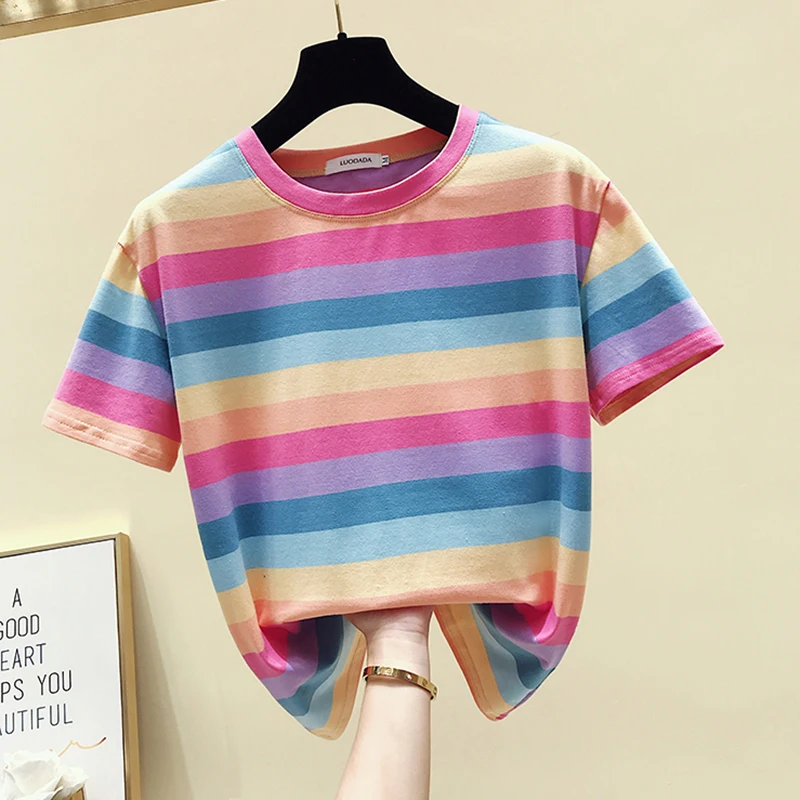 Shintimes New Striped Color Cotton Short Sleeve T Shirt Women 2021 Casual Ladies Summer Shirts Womens Clothing Tee Femme | Женская