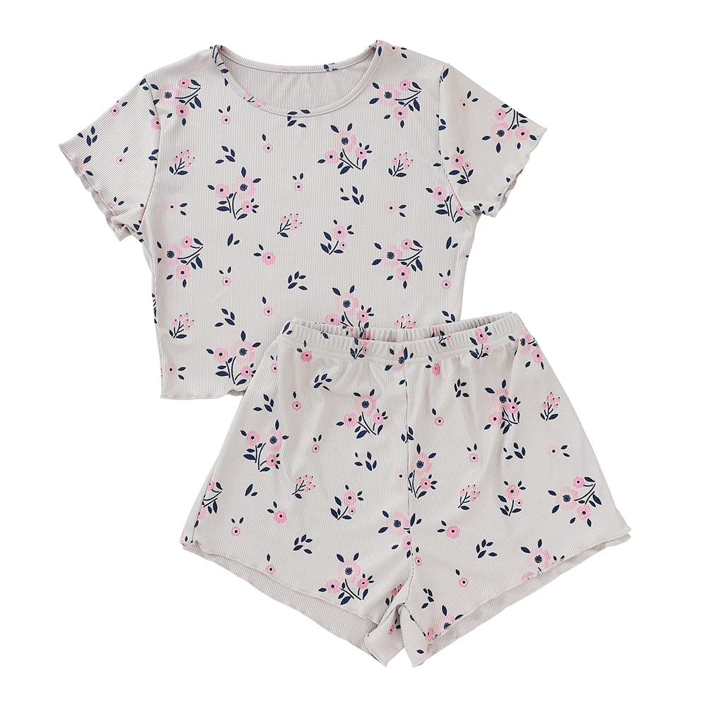 

Summer Women Homewear Floral Print Two Piece Pajama Sets Short Sleeve O-neck Tee Top and Shorts Casual Girls Sleepwear Set