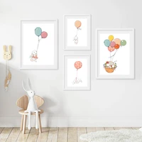 watercolor cartoon bunny balloon flower basket wall art canvas painting nordic posters and prints wall pictures kids room decor