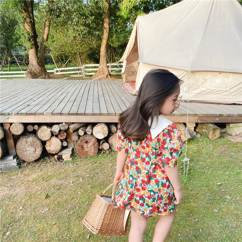 2020 New Summer Little Girls Short Puff Sleeve Floral Chiffon Lapel Collar Princess Dresses Toddler Children Fashion Sweet Dress | Детская