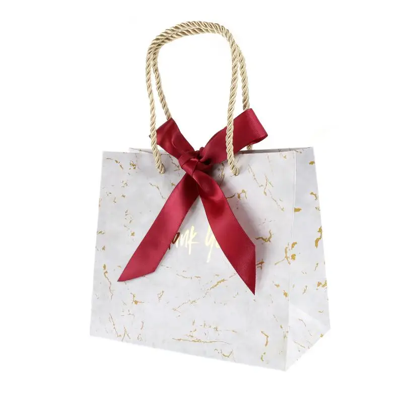 10Pcs Festival Christmas Gift Paper Bag Marble Kraft Paper Bag New Year Packaging Bag Twist Handle with Golden Ribbon