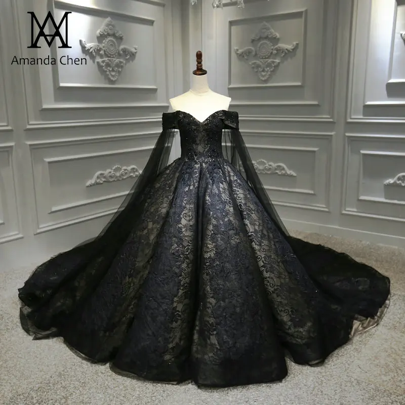 Черный Халат mariage Женский, с длинным рукавом роскошный платья со шлейфом Кружева свадебное платье черный - Цвет: Черный