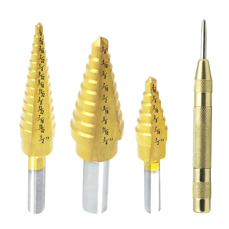 

HSS Step Drill Bits And Automatic Center Punch 4 Pcs Set With Titanium Coated,Portable Step Drill Bits Set