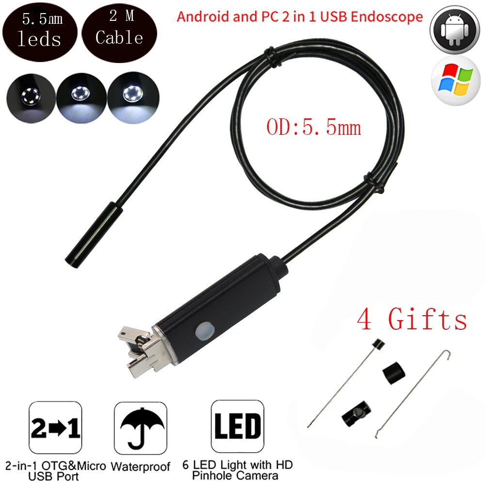 5 мм 2 м Objektiv HD USB эндоскоп Cam IP68 6 светодиодов Inspektion Rohr Endoskop Kamera Für Android telefon PC|Камеры