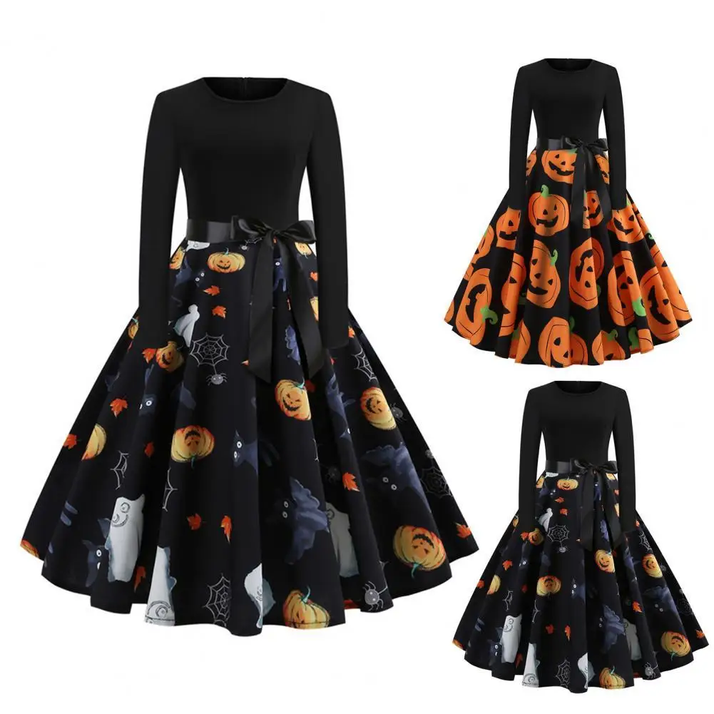 

Hallowen Festival A-line Slim Dress O Neck Bowknot Bat Loose Hem Lady Cosplay Party Long Sleeve Dress for Halloween Costumes