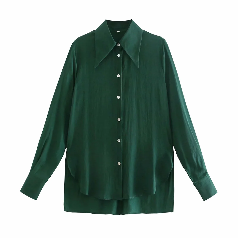 

xikom 2021 Summer Women green Long sleeve TurnDown Collar Single Breasted Slim Shirt Female streetwear Shirts Ladies top