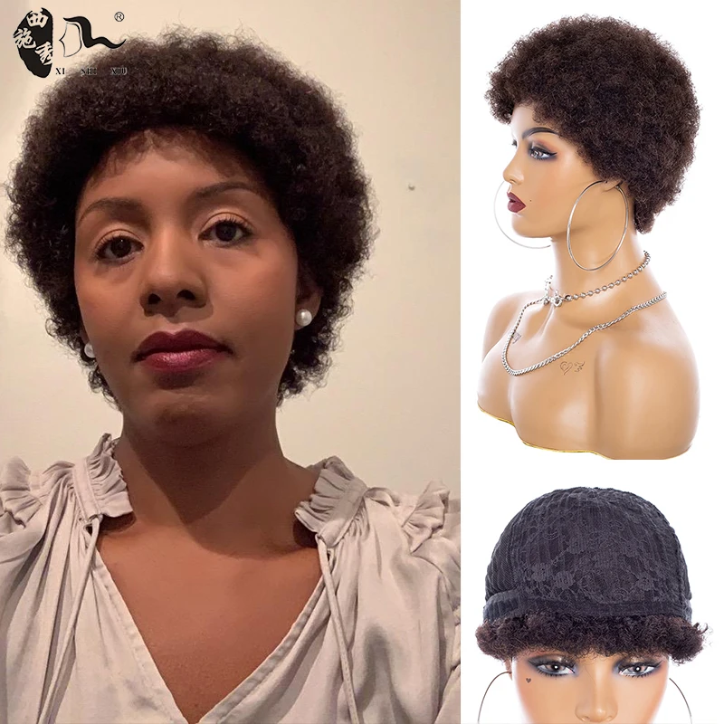 

XISHIXIUHAIR Short Afro Nature Dream Kinky Curly 98% Human Blending Hair Wigs Cheap Human Hair Wig For Party Dance Cosplay