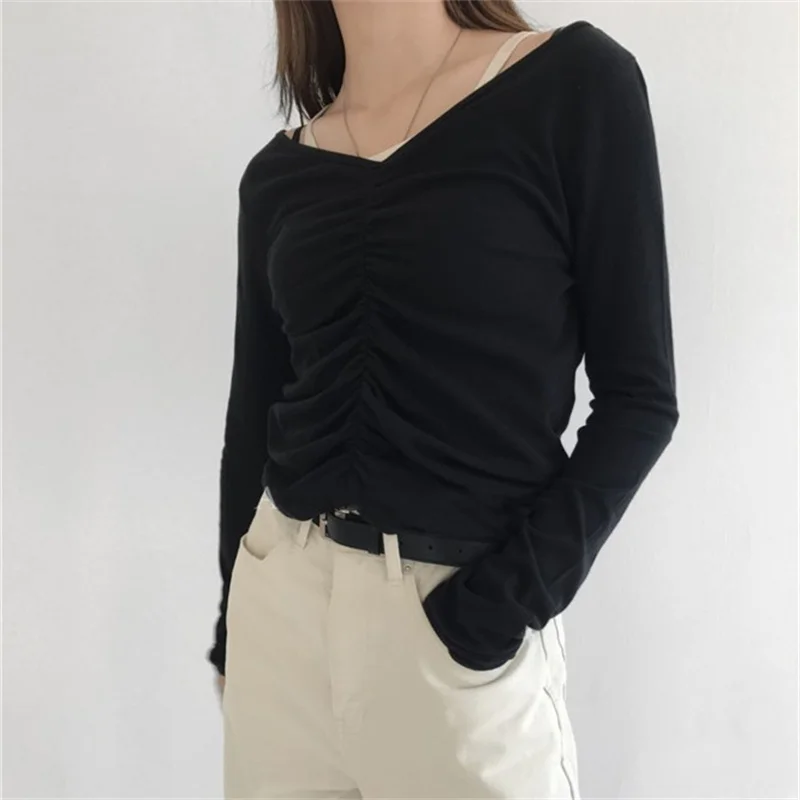 

HziriP Black Pleated Solid Full Sleeves V-Neck Prom Elegance 2021 Chic Outwear Basic Slim All Match Casual Femme New T-shirts
